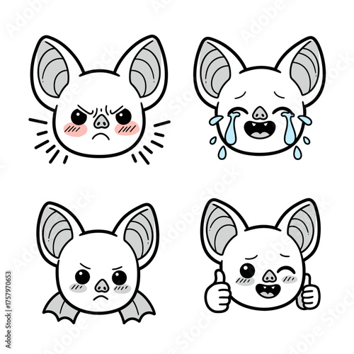 Adorable cartoon bat faces express a diverse range of human emotions, from intense anger and deep sadness to cheerful happiness and subtle annoyance.