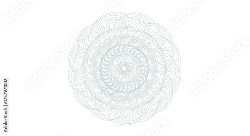 Elegant and intricate spiraling rosette design in pale blue tones on a white backdrop