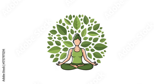 Vector illustration of a woman meditating in lotus position surrounded by green leaves,