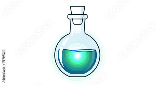 Cartoon Illustration of a Magic Potion Bottle with Blue Liquid Glowing on a White Background