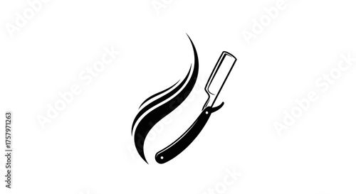 Vintage barber shop logo design featuring a straight razor and hair stream silhouette