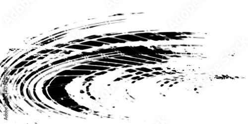 Tire tread marks, wheel textures, tire marks - car racing, motocross, drift, rally, off-road and others. Vector black isolated texture in grunge style with splashes.eps10