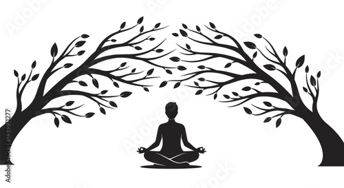 Silhouette of a meditating person under a tree canopy evoking mindfulness and tranquility