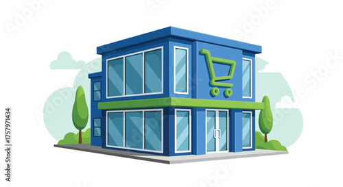 Modern, two-story storefront with a bright shopping cart logo, perfect for showcasing your brand's retail location or online store concept design