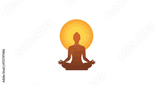 Woman in lotus position meditating in front of a radiant golden sun background