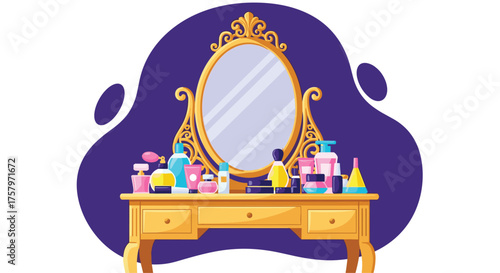Elegant vanity table with golden mirror and perfume bottles offers vintage charm and beauty inspiration for lifestyle and design projects today