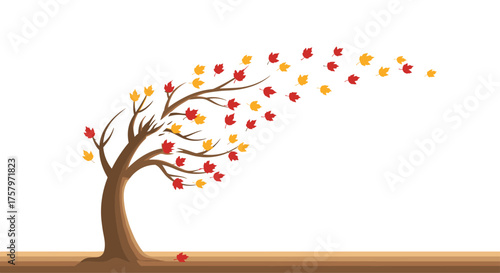 Whimsical autumn tree shedding leaves, perfect for adding a touch of seasonal charm to your design projects, evoking warmth and the beauty of fall colors