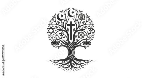 Symbolic tree of life with global religions representation for interfaith harmony