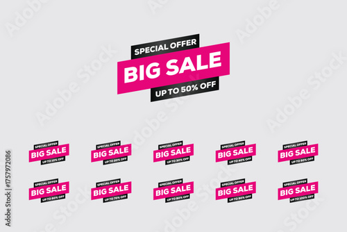 Big Sale Sign – Pink Boxes with Discount Percentages, Minimal Flat Vector Illustration