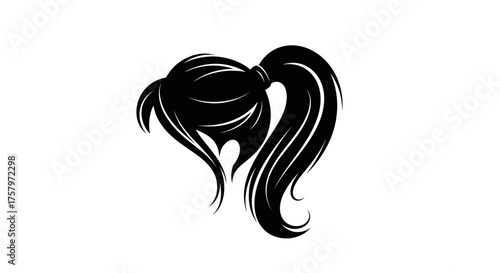 Elegant black silhouette illustration of a woman's ponytail hairstyle with bangs