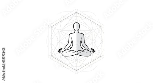 Meditating figure within geometric patterns representing mindfulness and balance