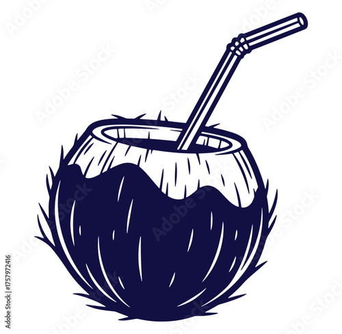 Hand drawn coconut drink with straw ready for a tropical refreshment against a white background