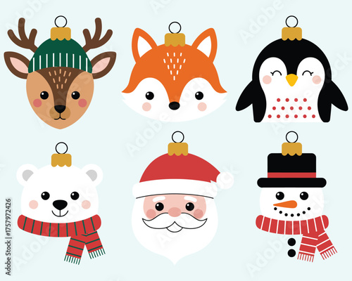 Cute Christmas Ornaments Collection – Santa, Snowman, Polar Bear, Penguin, Reindeer, and Fox Faces, Winter Holiday Decorations, Festive Cartoon Vector Illustration