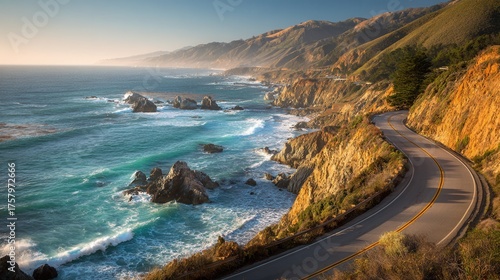 Experience the breathtaking Big Sur coastline drive along the iconic Highway 1, where the rugged cliffs meet the vibrant turquoise ocean in stunning California