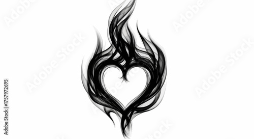 Abstract heart shape in black smoke on white background creates dramatic design concept