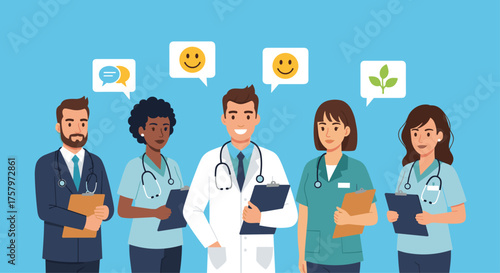 Diverse medical team sharing positive health insights, ready to serve patients with compassion and expertise, promoting wellness and trusted care services
