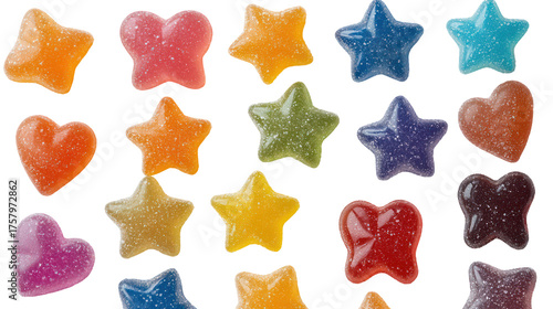 Assortment of colorful gummy candy shapes isolated on transparent background