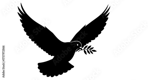 Black and white silhouette of a dove with olive branch symbolizing peace and freedom