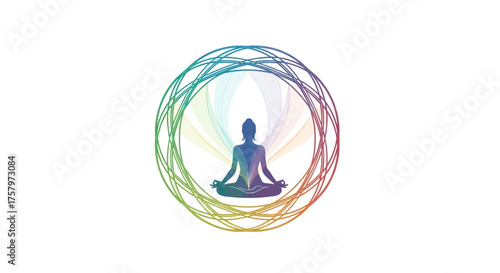 Meditative female silhouette in lotus position with colorful geometric design creating a serene