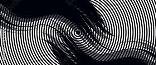 Distressed background in black and white texture with circles, spots, scratches, and lines. Abstract vector illustration.