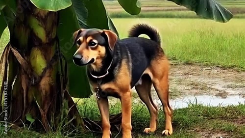 A medium-to-large black and tan dog is standing next to a banana plant in a grassy, muddy outdoor area, possibly a field or farm, with a rice paddy in the background.