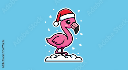 Cute flamingo wearing santa hat standing in snowdrift against light blue backdrop celebrates christmas with festive cheer.