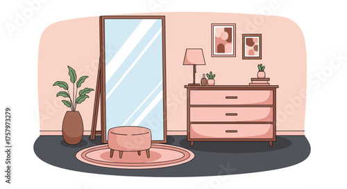 A cozy, elegant interior design with this warm aesthetic featuring a full-length mirror, dresser, and plants for a trendy, inviting space you'll adore