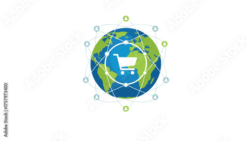 Global online shopping concept with earth and shopping cart connected by digital network, representing worldwide ecommerce and international trade opportunities