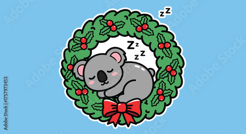 Sleeping koala curled up inside christmas wreath with red bow on light blue backdrop conveys peaceful holiday mood.