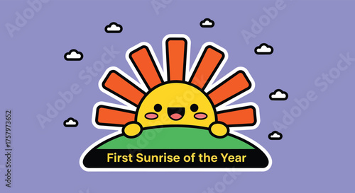 Cute sun character rising over green hill on a light purple sky with small clouds, celebrating the first sunrise of the year in a cheerful and cartoonish style.