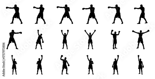 Boxer silhouettes in various poses boxing fighter