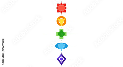 Vibrant chakra symbols lined vertically for spiritual wellness and balance illustration