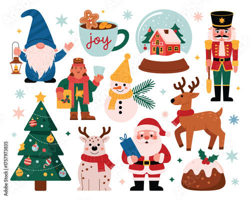 Christmas Holiday Elements Collection – Santa Claus, Snowman, Tree, Reindeer, Nutcracker, Elf, Gnome, Cup of Cocoa, Gift, Snow Globe, and Festive Decoration Vector
