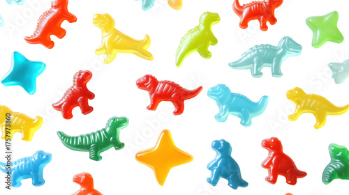 Colorful dinosaur candies isolated on transparent background