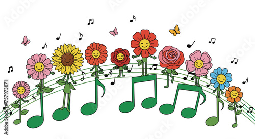 Delightful flower characters joyfully dancing on musical notes, creating a whimsical and cheerful atmosphere perfect for children's designs and springtime celebrations