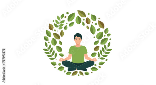 Man Meditating Surrounded by Leaves, Promoting Wellness and Mental Health Awareness Through Nature