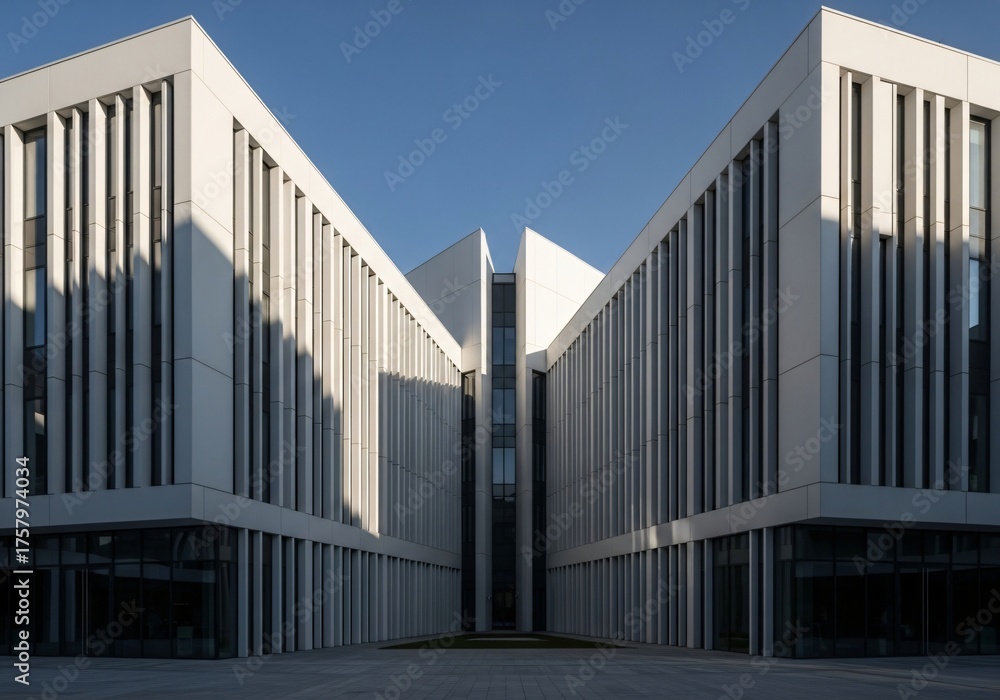 Fototapeta premium Modern white building with symmetrical facade and vertical lines