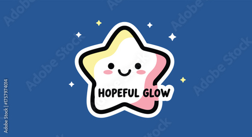 Smiling star character shines brightly against a dark blue backdrop, radiating positivity and a hopeful glow, creating a cheerful and uplifting mood.