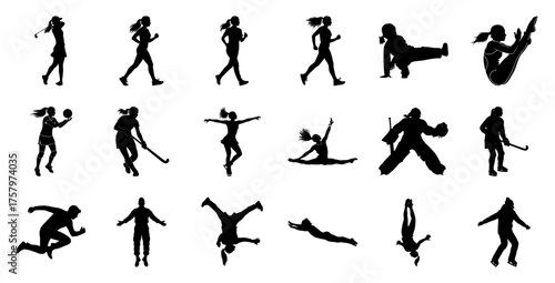 Diverse athletes in action silhouettes sports golf