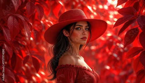 A young woman stands elegantly in a red outfit paired with a stylish hat. She poses gracefully in front of vivid red leaves, capturing the essence of autumn's beauty.