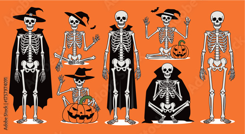 Halloween-themed illustration featuring multiple cartoon skeletons in various outfits and poses.