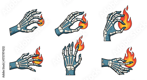 Six skeletal hands holding or manipulating a small flame, presented as vector illustrations on a white background.