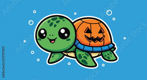 Cute turtle wearing pumpkin shell swims happily in blue ocean water with bubbles, celebrating halloween with a whimsical and playful mood.
