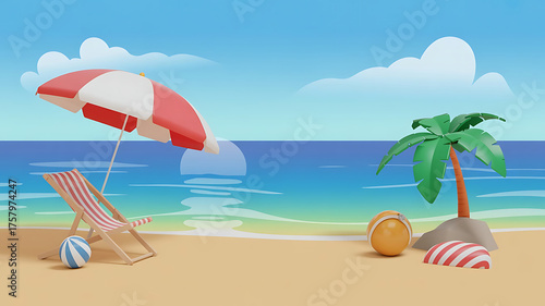Tropical beach scene with sand, sea, and an umbrella for a summer vacation. Cartoon illustration of a beach. 