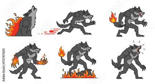 Six illustrations showing a werewolf in different poses, including howling, running, and surrounded by fire.