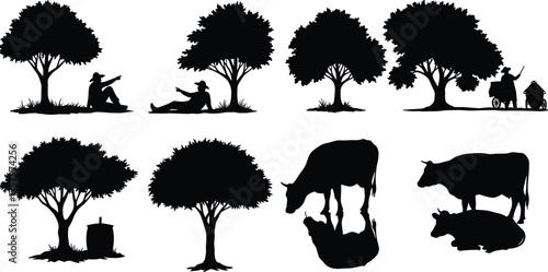 "Silhouette vector illustration of trees, people, and cows in rural nature scenes with lifestyle, farming, and countryside landscape elements"