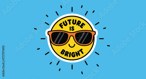 Smiling sun character wearing sunglasses shines brightly against a blue sky, radiating optimism and a positive outlook on the future.