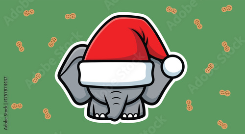 Cute elephant wearing santa hat sits amidst peanut pattern on green christmas background, spreading holiday cheer and festive spirit.
