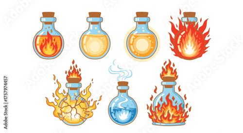 Seven potion bottles with different liquids and effects, including fire, water, and glowing light, sealed with cork stoppers.