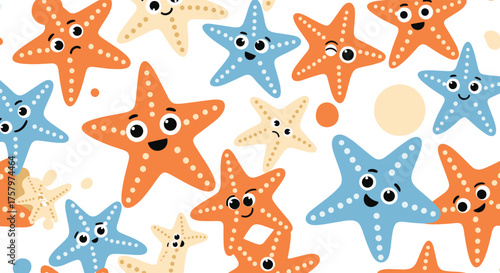 A charming collection of playful starfish illustrations on a white background with colorful dots.
